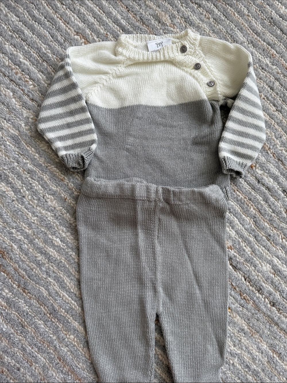 Neutral Gray & Cream Knit Baby One-Piece with Button Shoulder